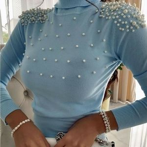 NWOT Blue turtleneck fited top faux pearl beading